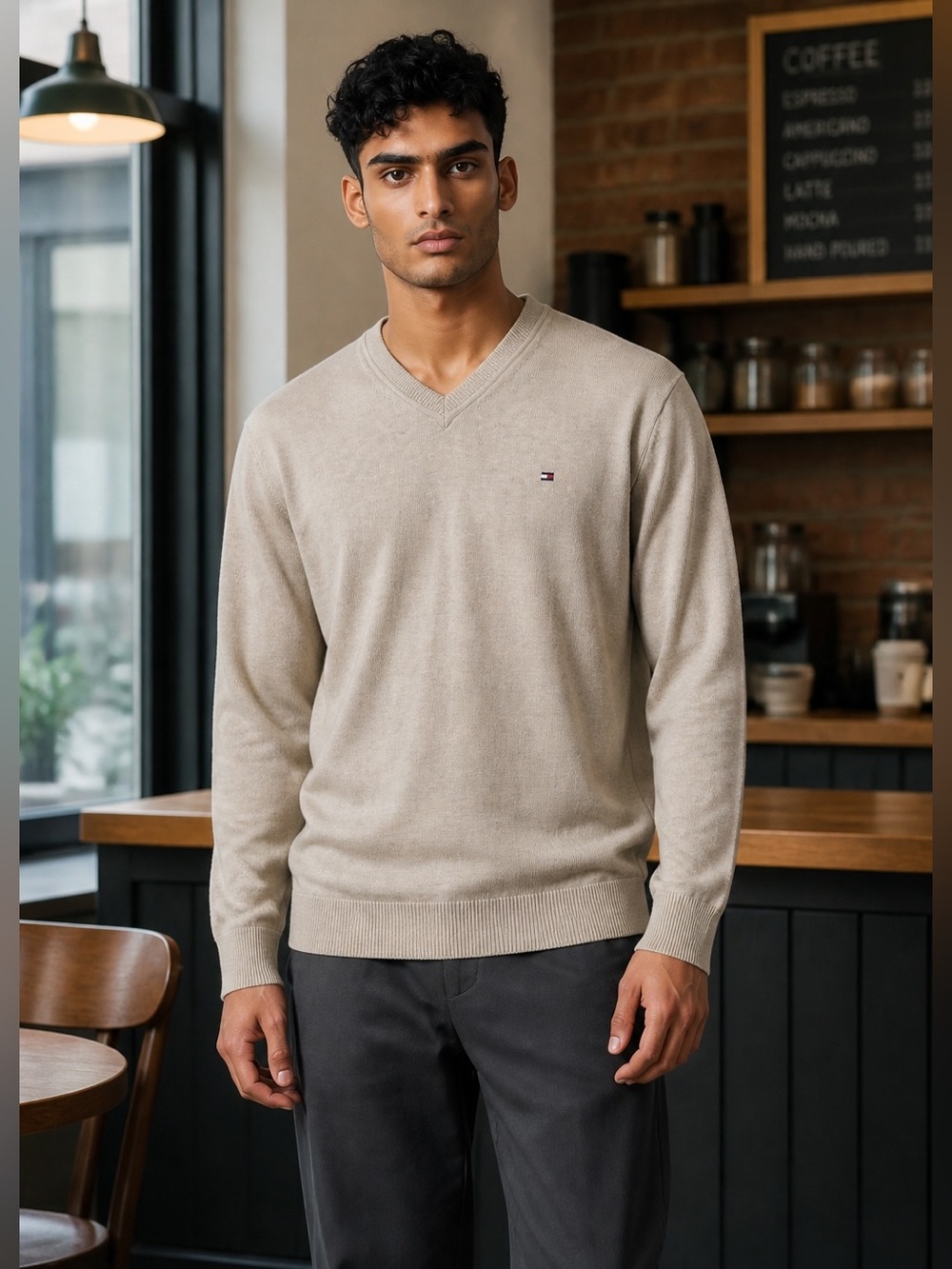 Tommy Hilfiger Men's V-Neck Sweater in Beige